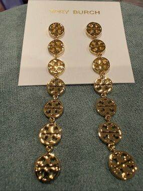 Tory Burch | Gold Plated Long Gold Logo Link Drop Earrings | 3” Length